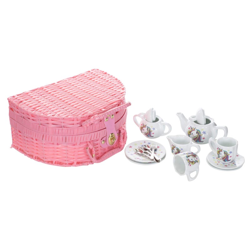 Unicorn Porcelain Tea Set in Fabric Lined Basket New